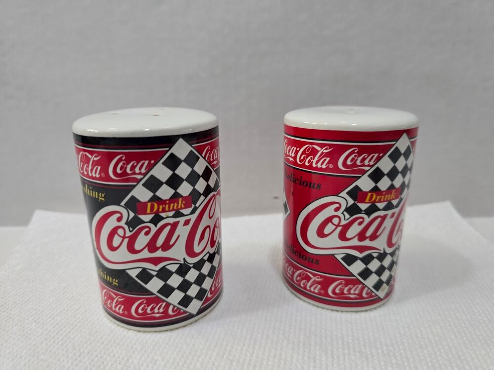 Vintage 1995 Coca-Cola Checkerboard Salt & Pepper Shakers Enesco Ceramic Set